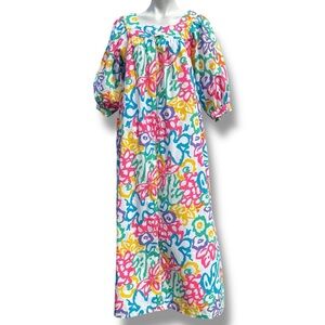 Vintage Leisure Life House Dress Large  Floral Puff Sleeve Maxi Muumuu